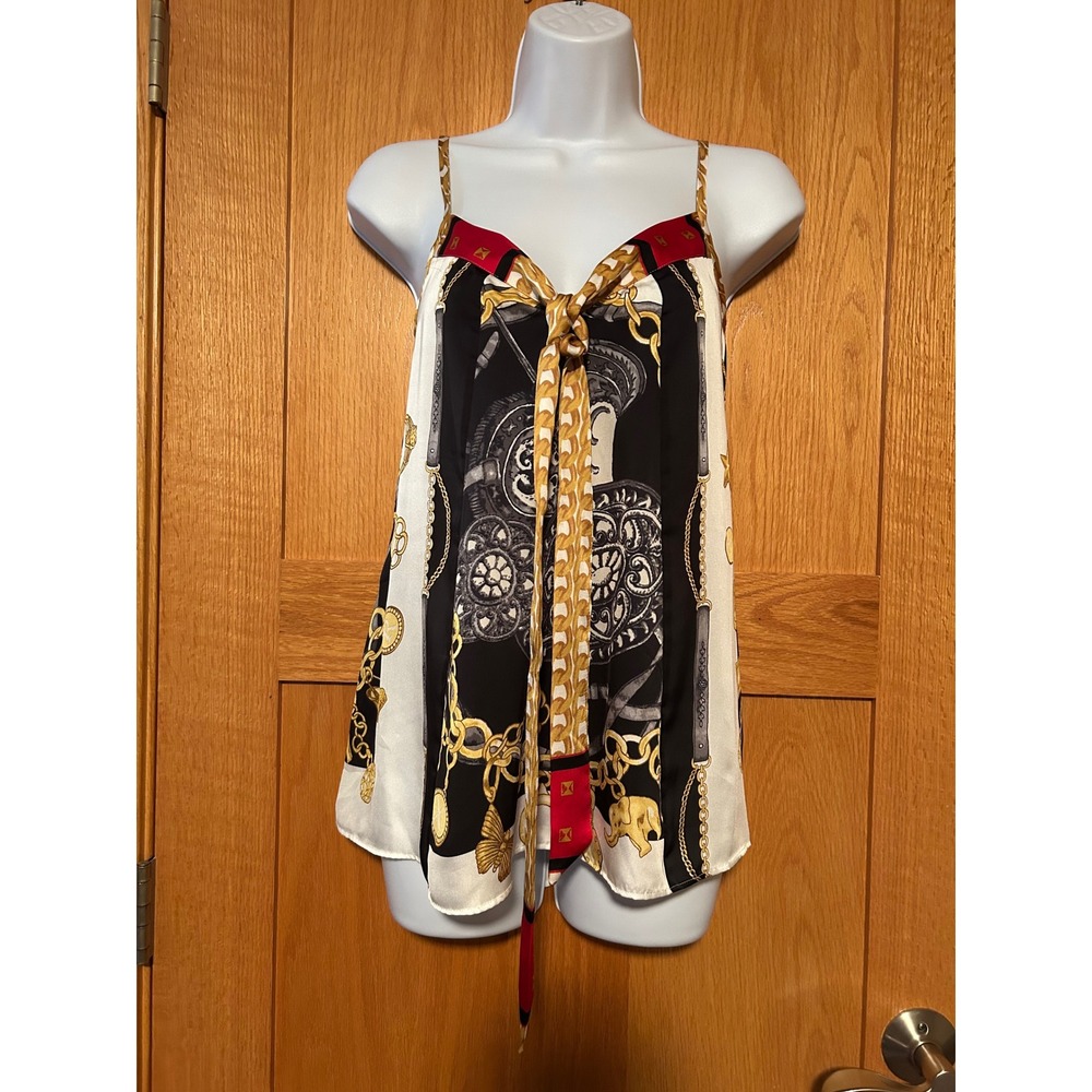 Vintage Y2K Express Charm Bracelet Scarf Print Cami Top Black Gold Tie Blouse XS